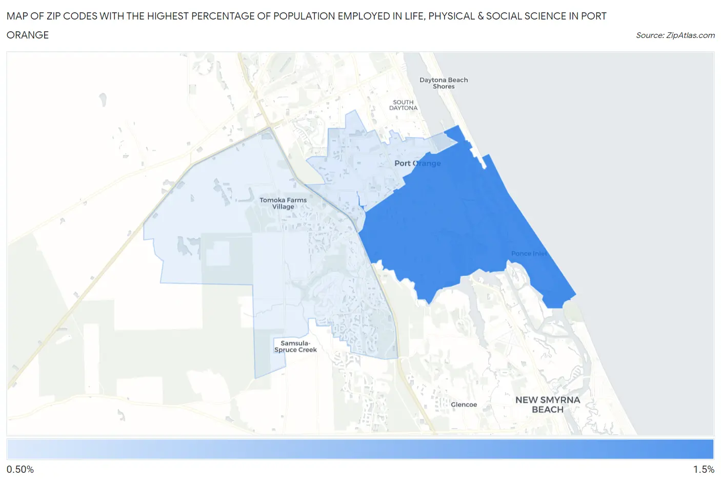 Zip Codes with the Highest Percentage of Population Employed in Life, Physical & Social Science in Port Orange Map
