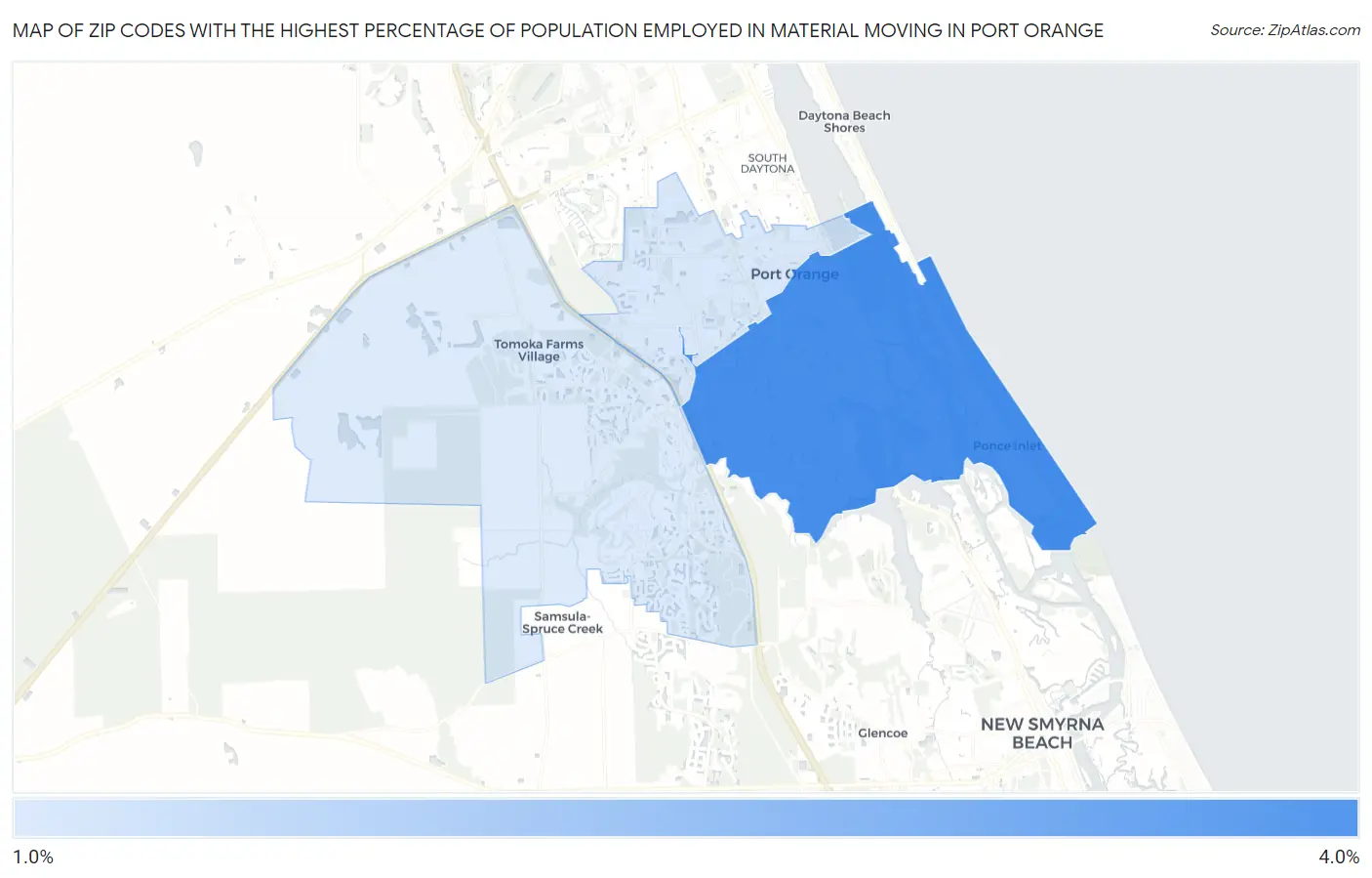Zip Codes with the Highest Percentage of Population Employed in Material Moving in Port Orange Map