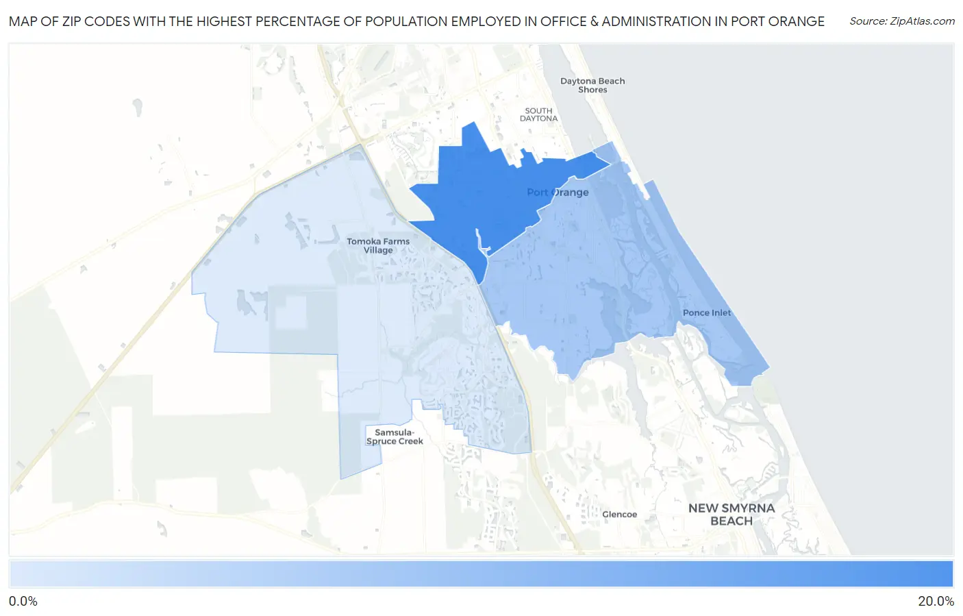 Zip Codes with the Highest Percentage of Population Employed in Office & Administration in Port Orange Map