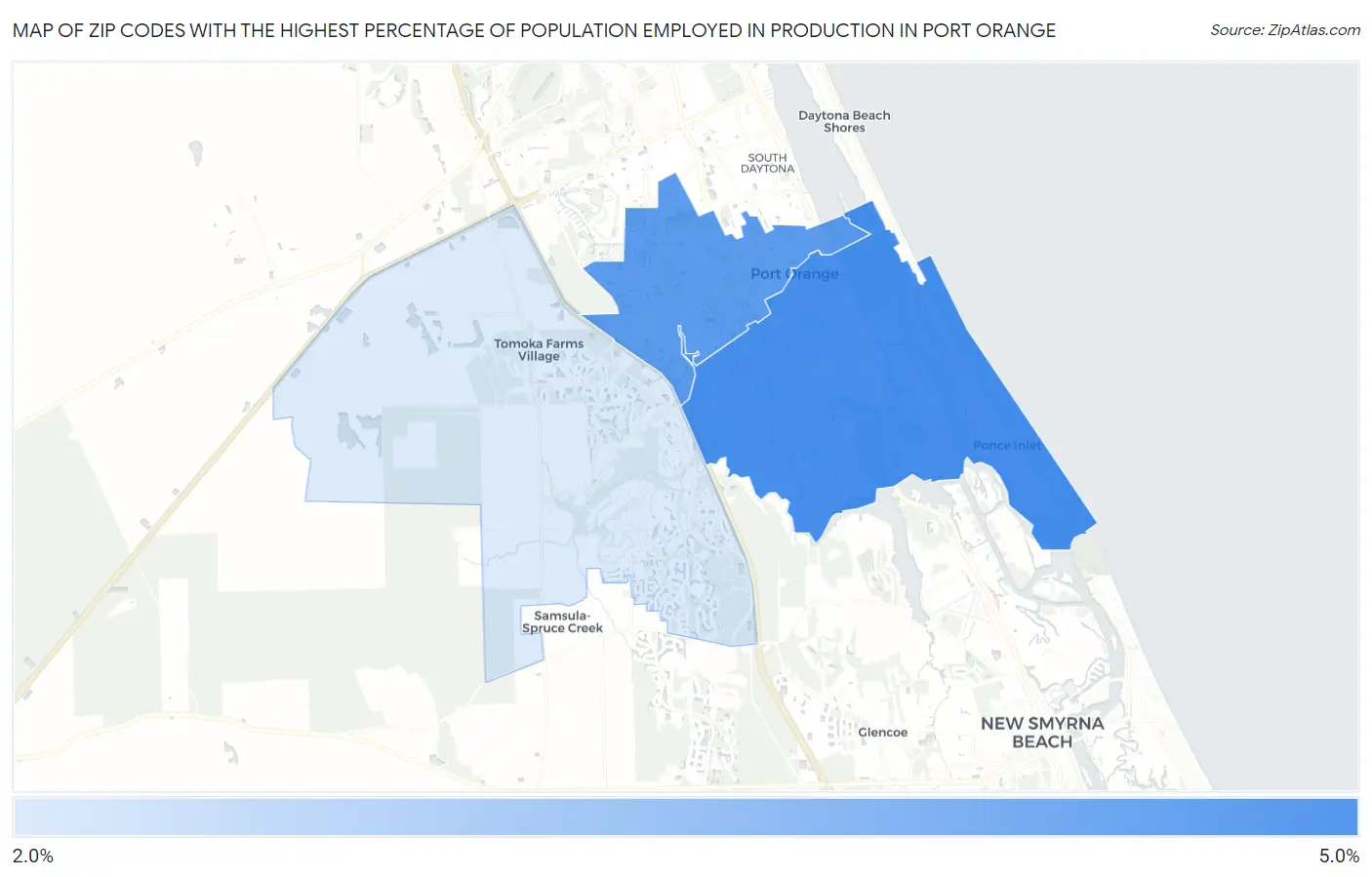 Zip Codes with the Highest Percentage of Population Employed in Production in Port Orange Map