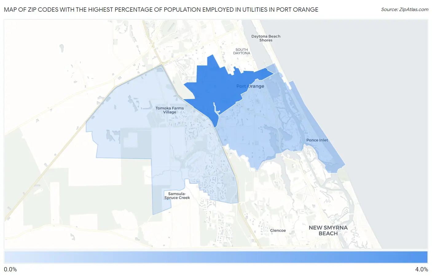 Zip Codes with the Highest Percentage of Population Employed in Utilities in Port Orange Map