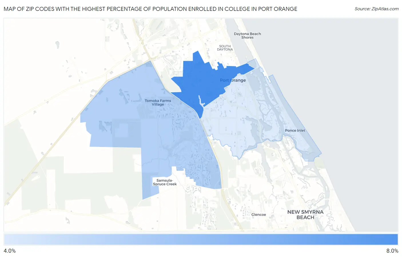 Zip Codes with the Highest Percentage of Population Enrolled in College in Port Orange Map