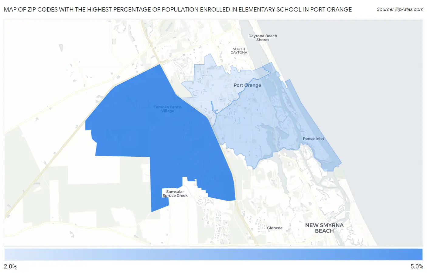Zip Codes with the Highest Percentage of Population Enrolled in Elementary School in Port Orange Map