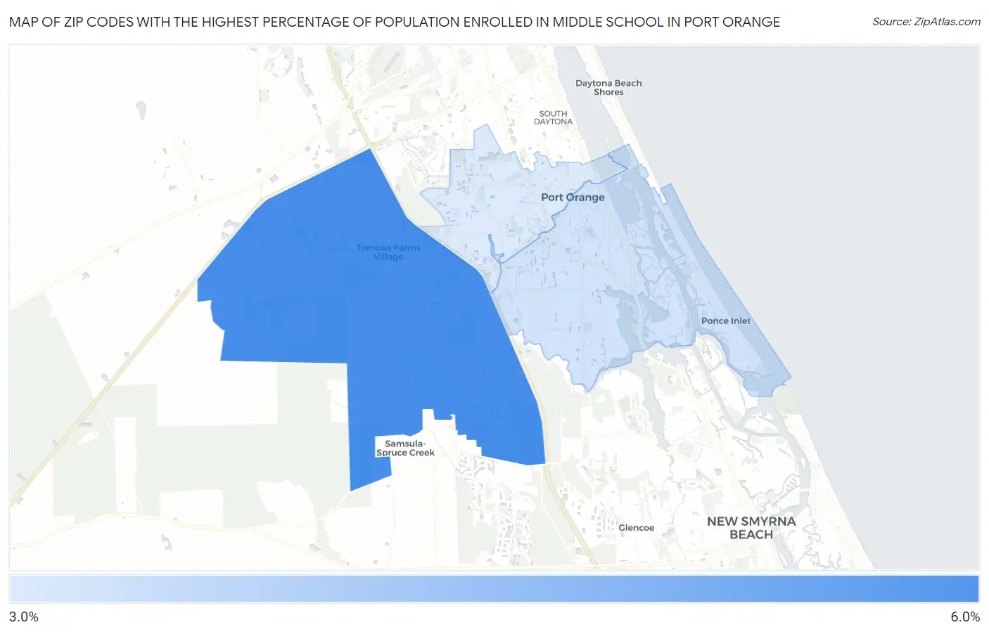 Zip Codes with the Highest Percentage of Population Enrolled in Middle School in Port Orange Map