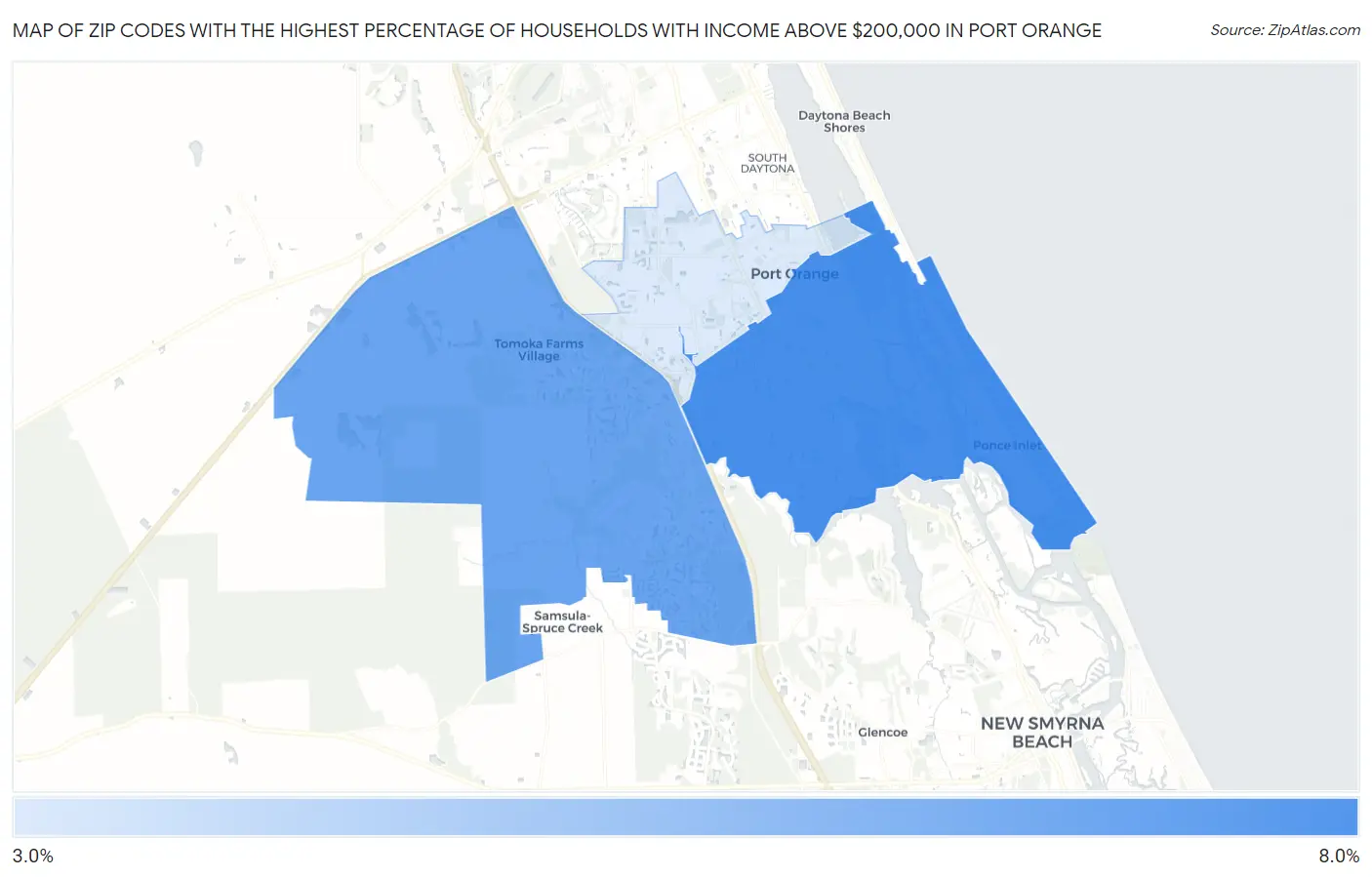 Zip Codes with the Highest Percentage of Households with Income Above $200,000 in Port Orange Map