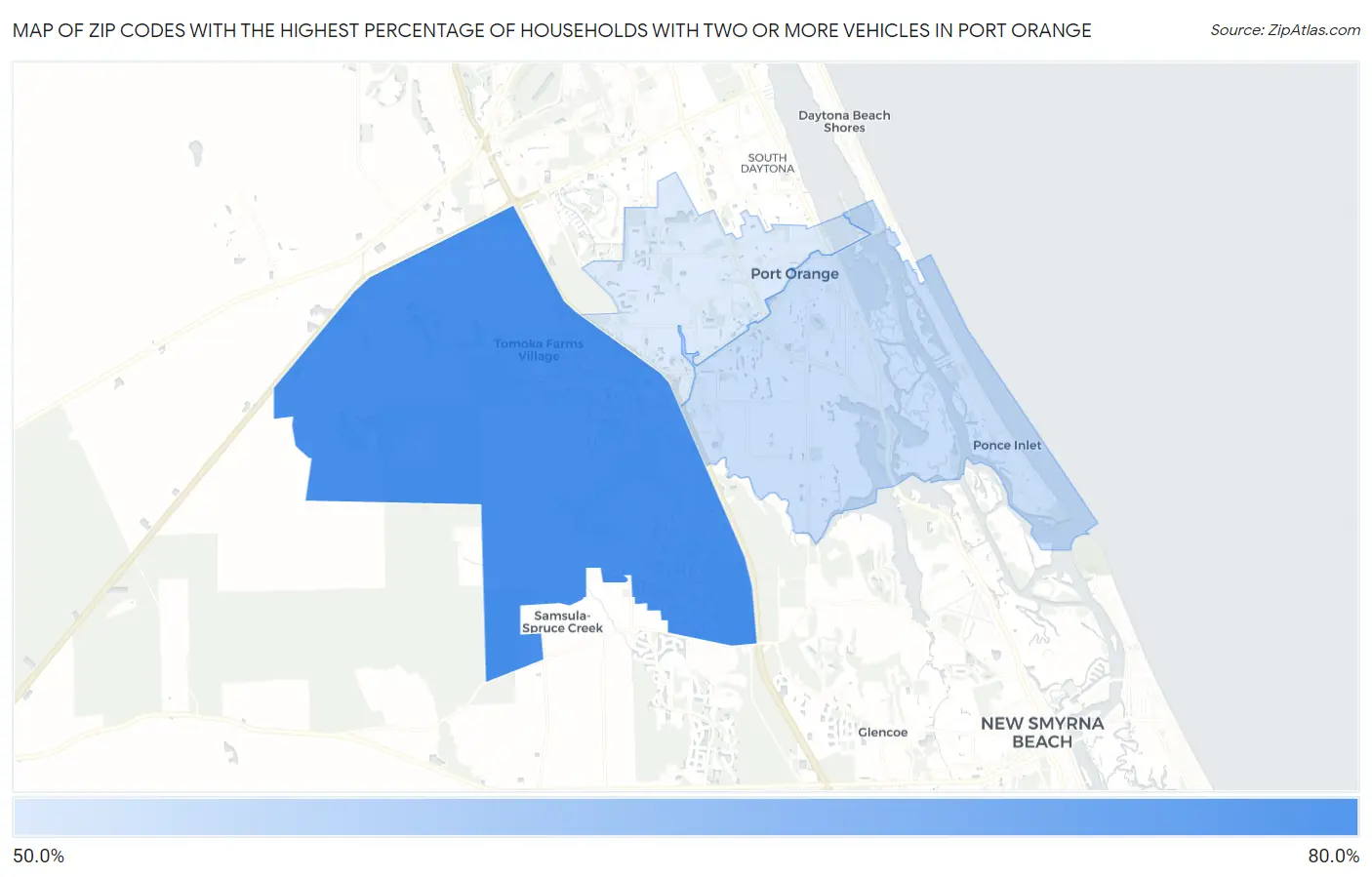 Zip Codes with the Highest Percentage of Households With Two or more Vehicles in Port Orange Map