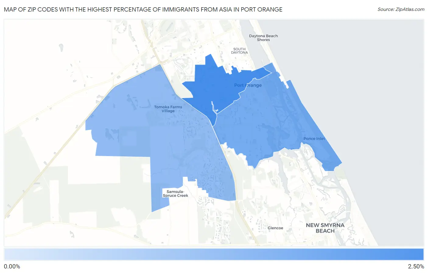 Zip Codes with the Highest Percentage of Immigrants from Asia in Port Orange Map