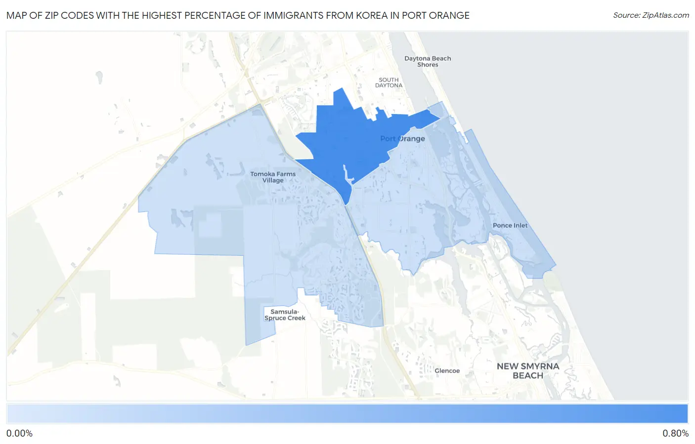 Zip Codes with the Highest Percentage of Immigrants from Korea in Port Orange Map