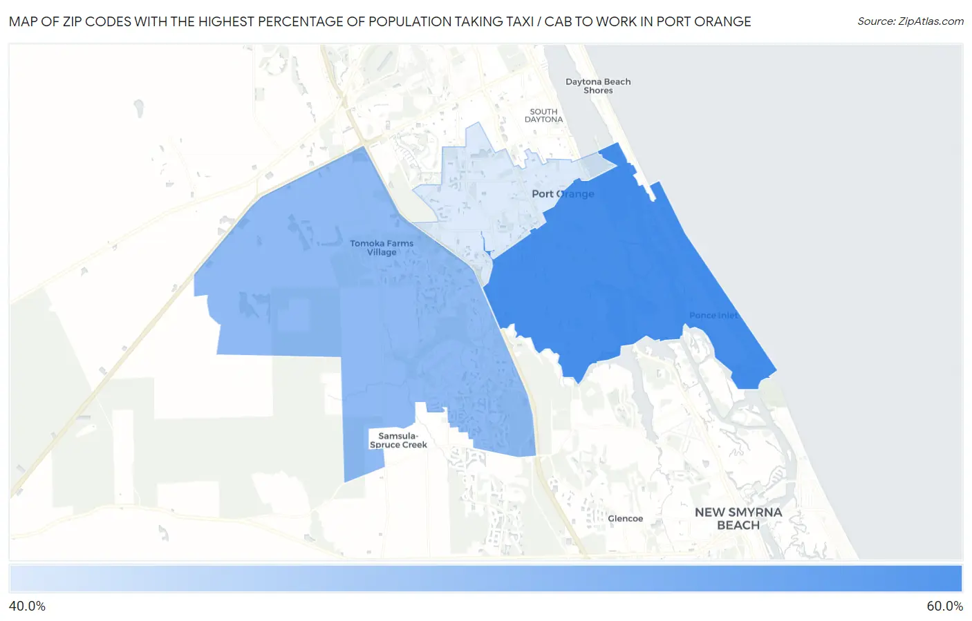 Zip Codes with the Highest Percentage of Population Taking Taxi / Cab to Work in Port Orange Map