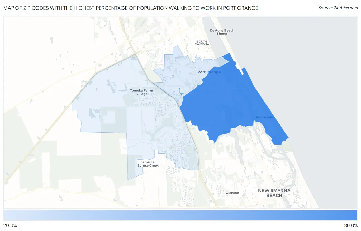 Zip Codes with the Highest Percentage of Population Walking to Work in Port Orange Map