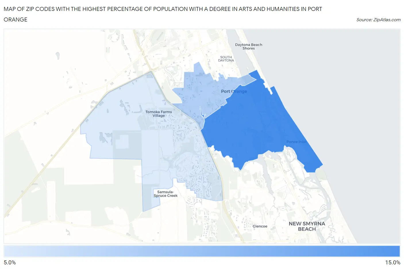 Zip Codes with the Highest Percentage of Population with a Degree in Arts and Humanities in Port Orange Map