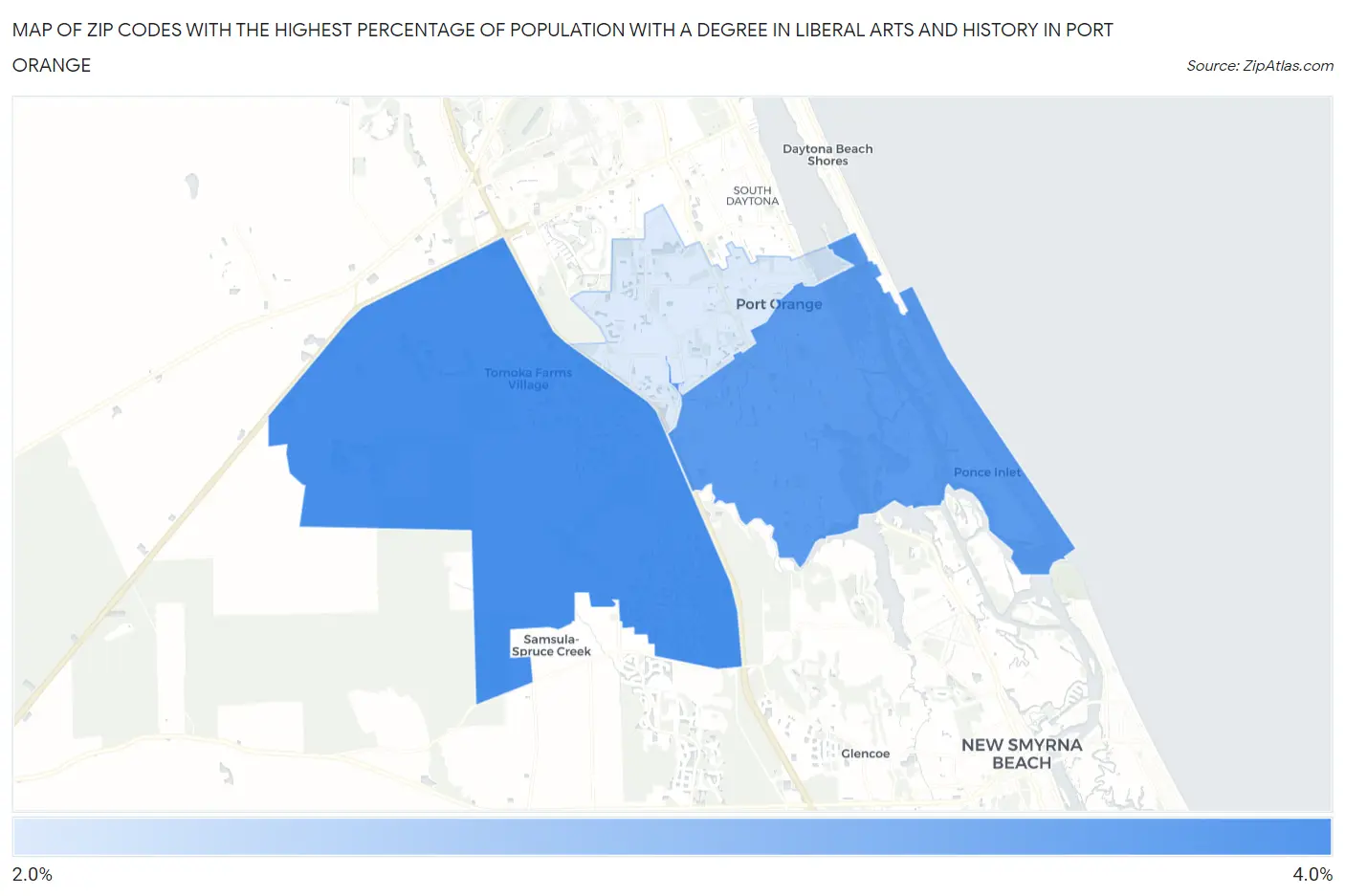 Zip Codes with the Highest Percentage of Population with a Degree in Liberal Arts and History in Port Orange Map