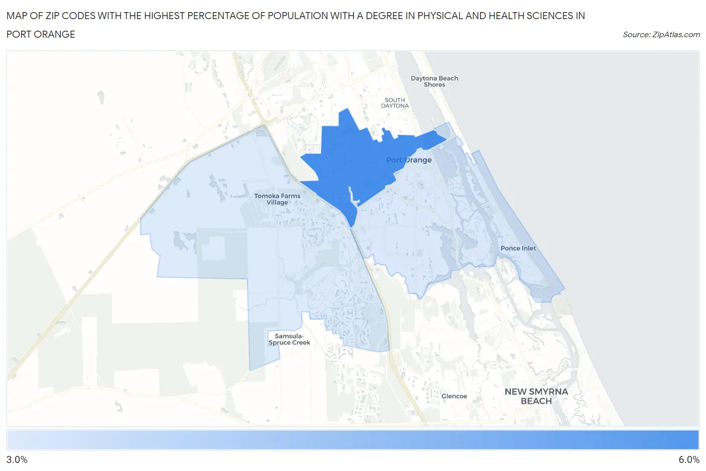 Zip Codes with the Highest Percentage of Population with a Degree in Physical and Health Sciences in Port Orange Map