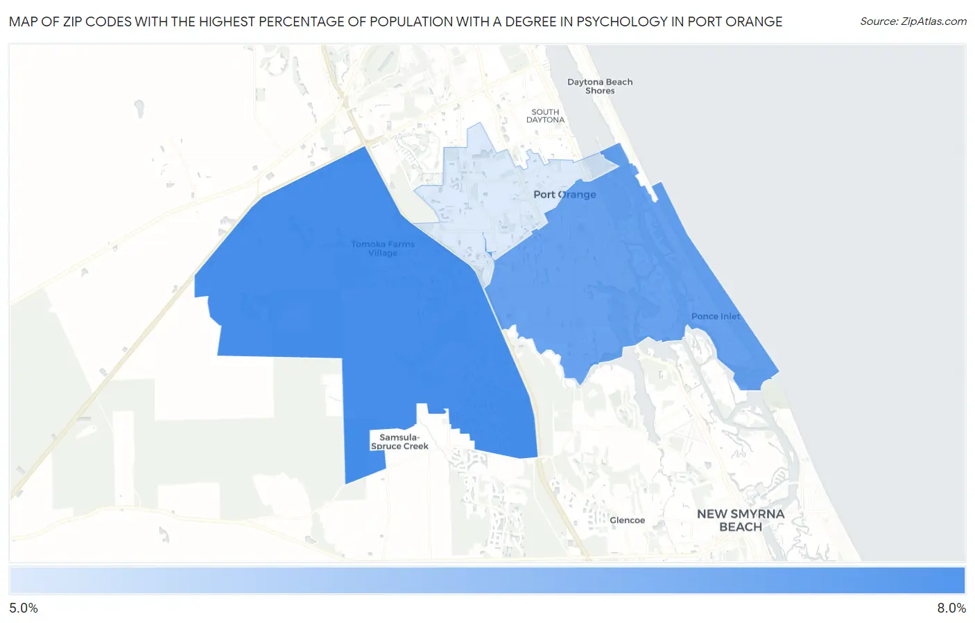 Zip Codes with the Highest Percentage of Population with a Degree in Psychology in Port Orange Map