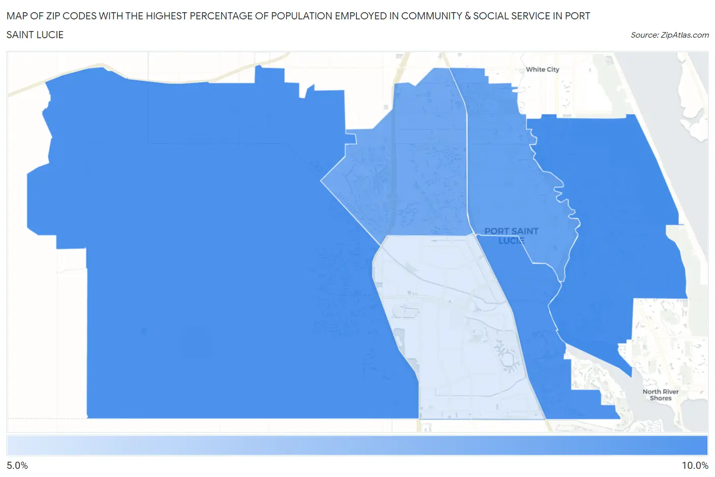 Zip Codes with the Highest Percentage of Population Employed in Community & Social Service  in Port Saint Lucie Map