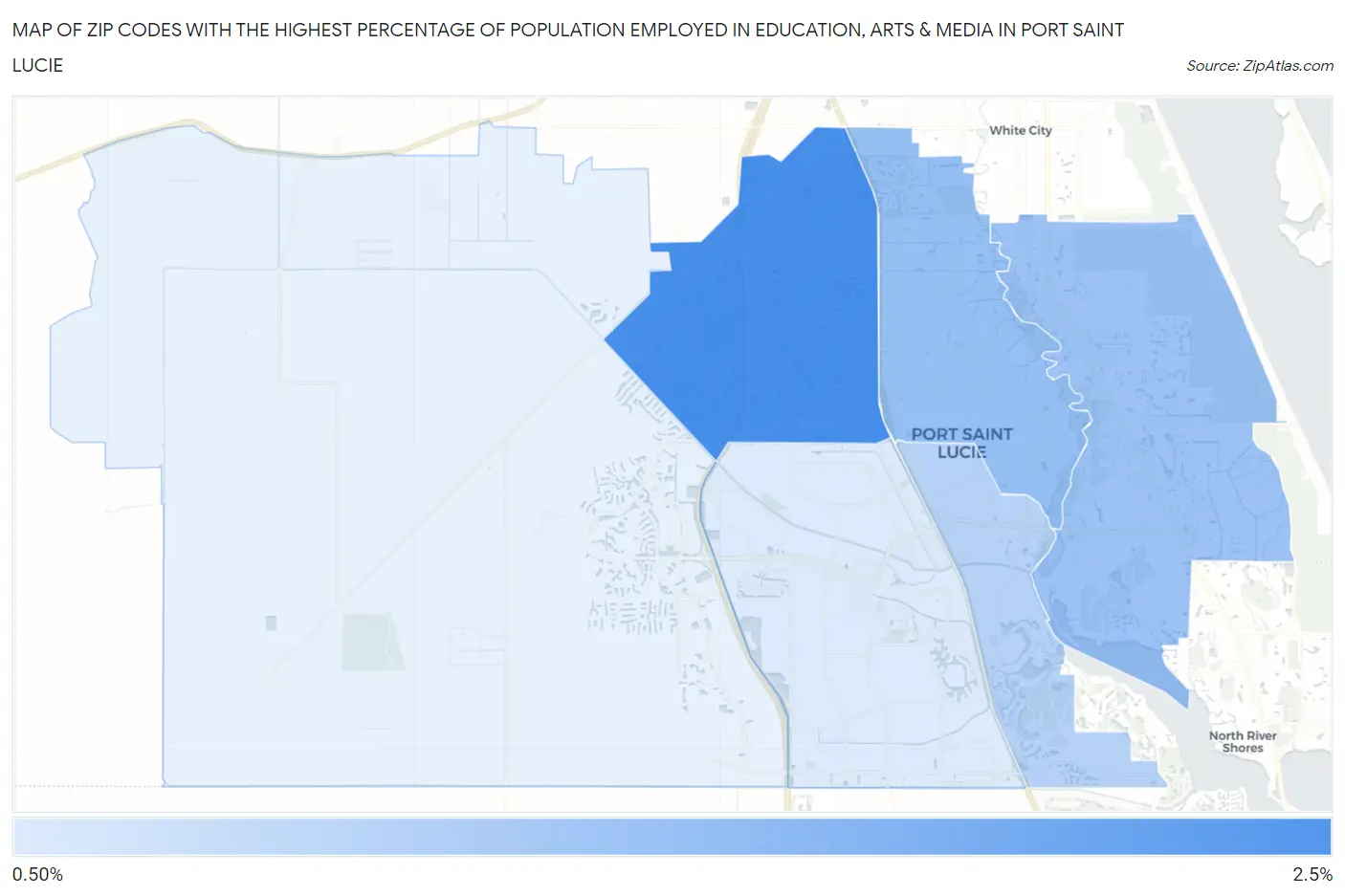 Zip Codes with the Highest Percentage of Population Employed in Education, Arts & Media in Port Saint Lucie Map