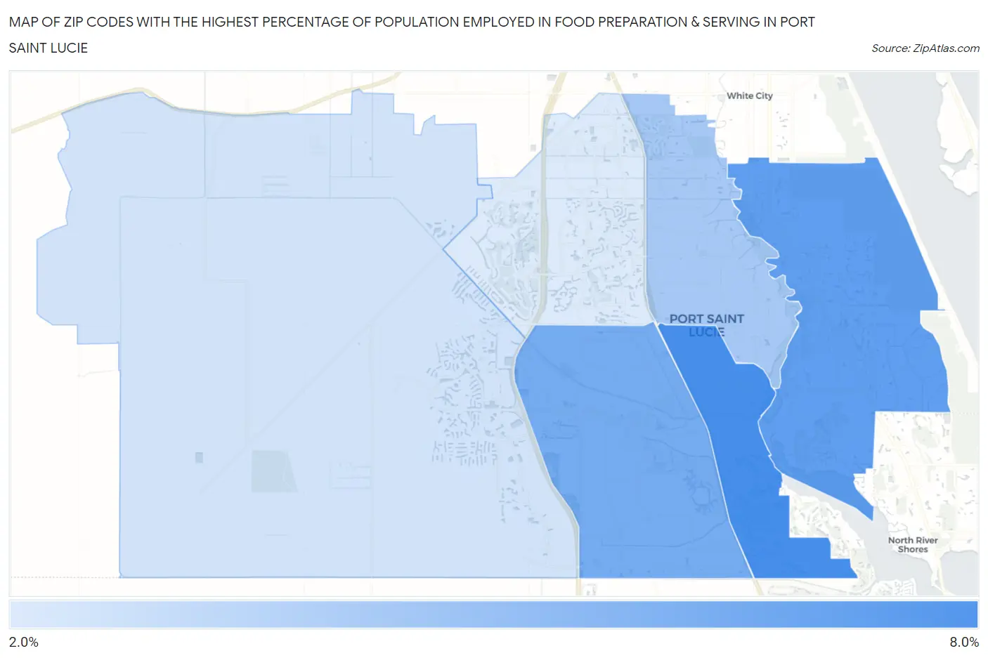 Zip Codes with the Highest Percentage of Population Employed in Food Preparation & Serving in Port Saint Lucie Map