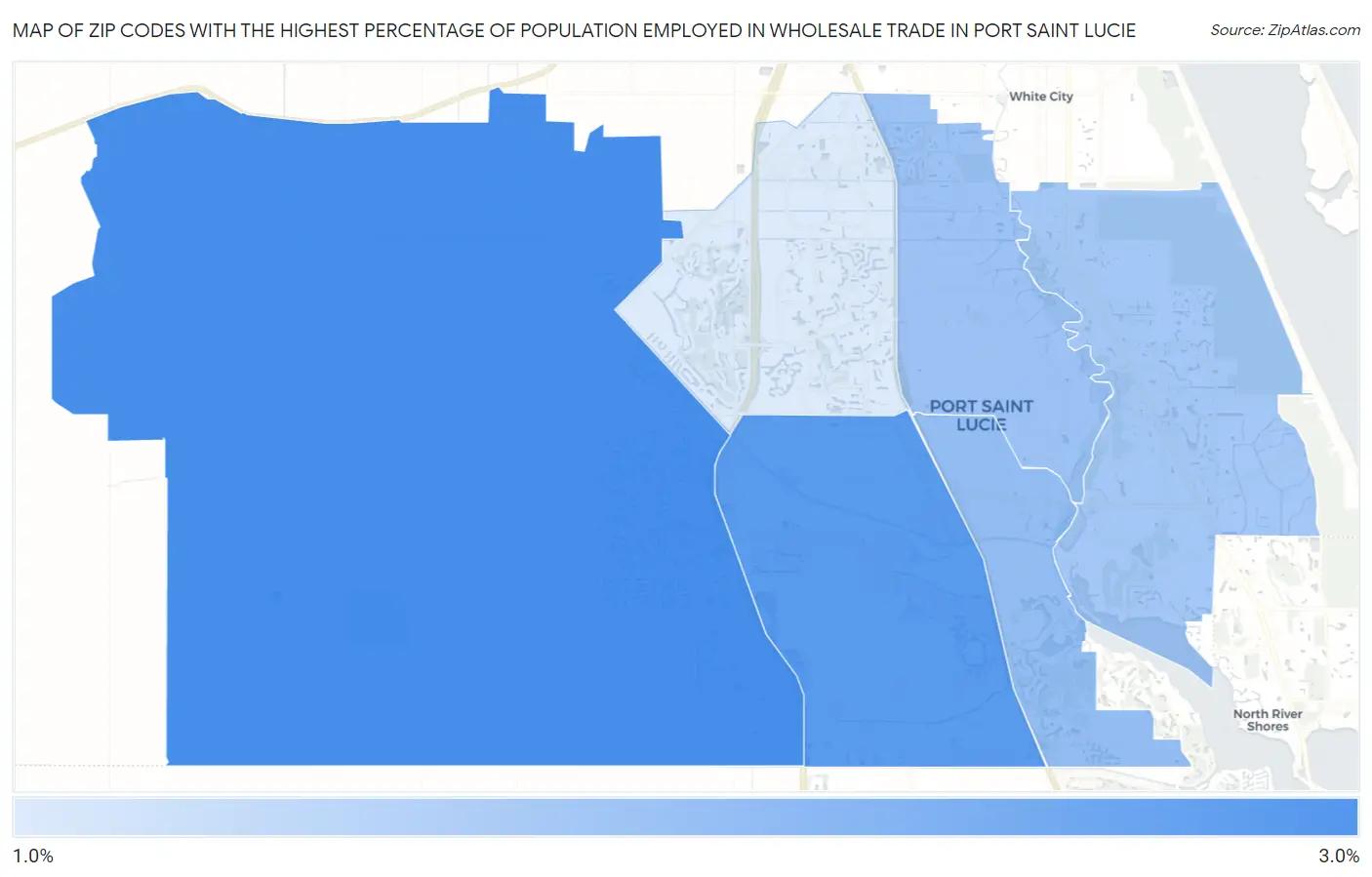Zip Codes with the Highest Percentage of Population Employed in Wholesale Trade in Port Saint Lucie Map