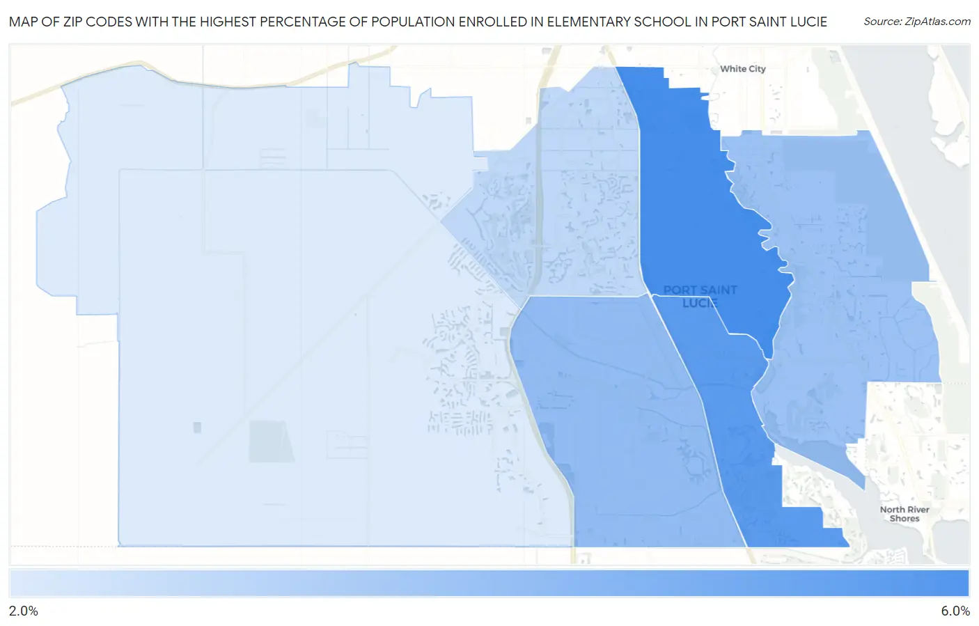 Zip Codes with the Highest Percentage of Population Enrolled in Elementary School in Port Saint Lucie Map