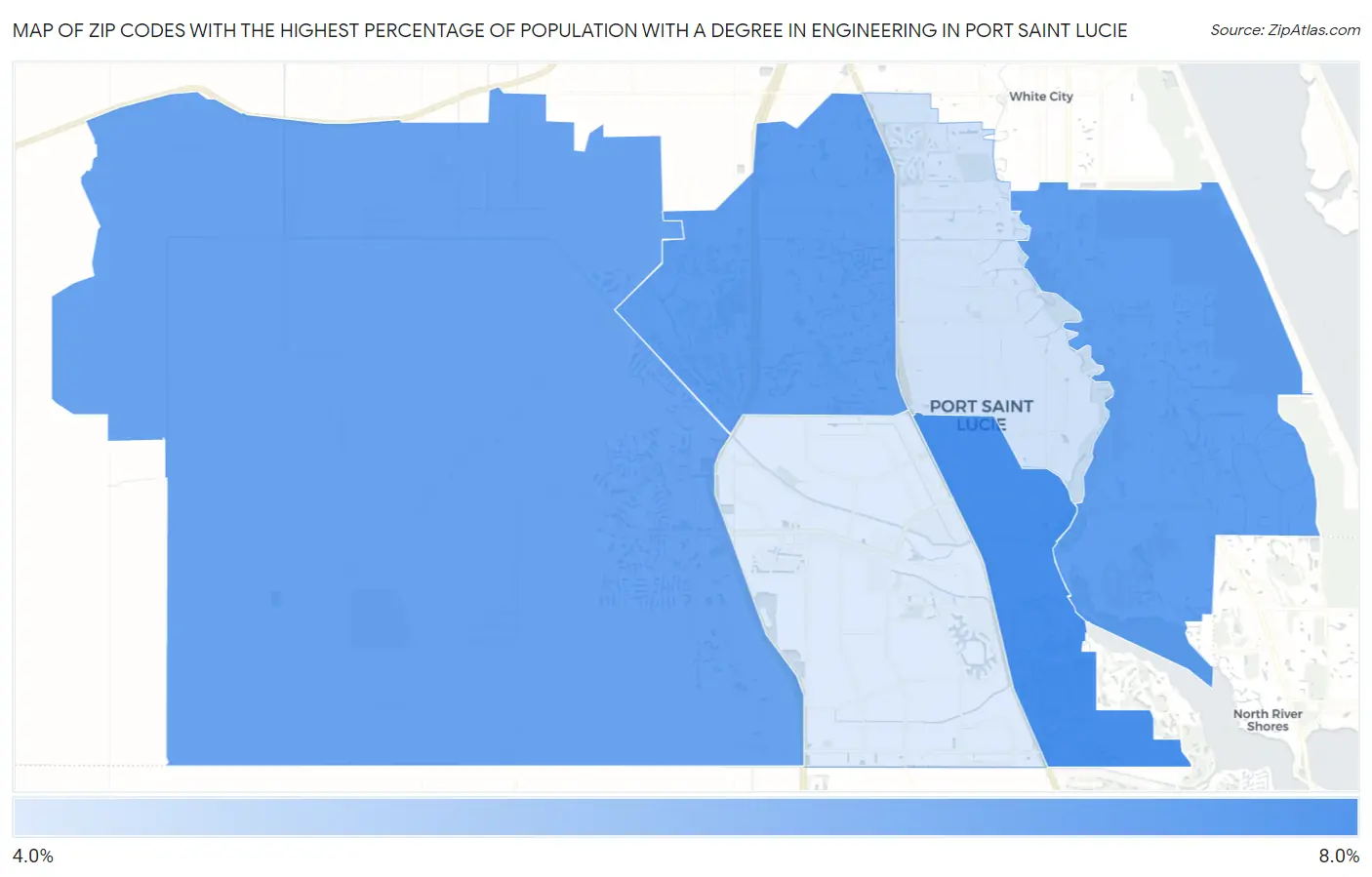 Zip Codes with the Highest Percentage of Population with a Degree in Engineering in Port Saint Lucie Map
