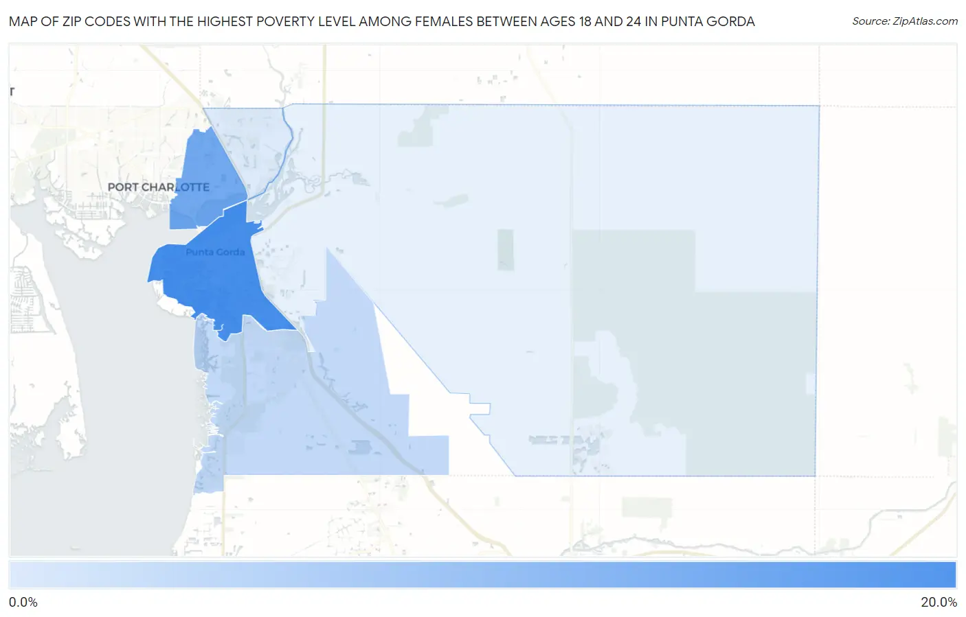 Zip Codes with the Highest Poverty Level Among Females Between Ages 18 and 24 in Punta Gorda Map