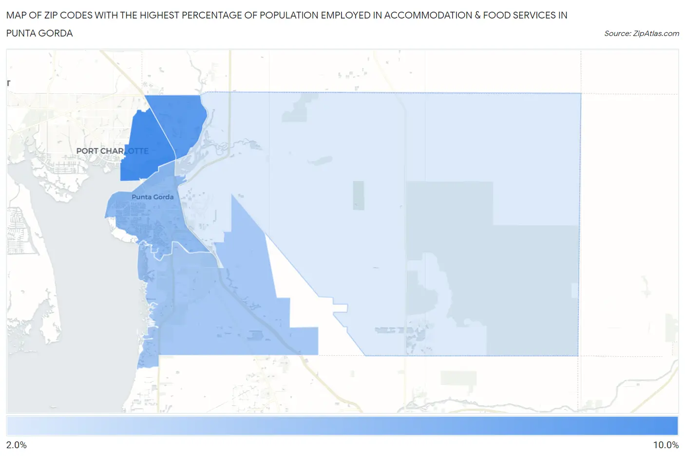 Zip Codes with the Highest Percentage of Population Employed in Accommodation & Food Services in Punta Gorda Map