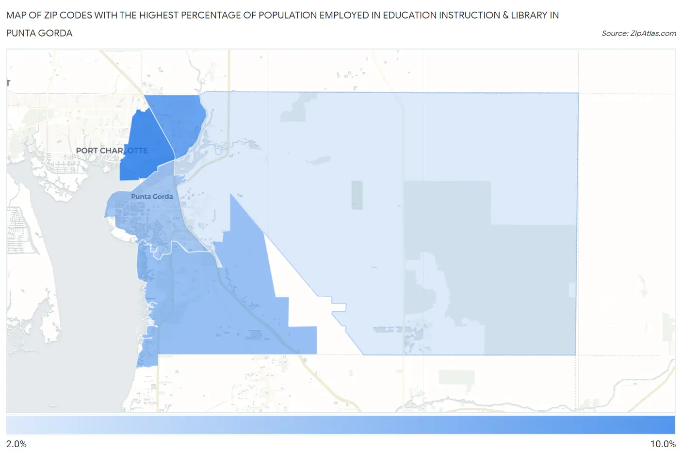 Zip Codes with the Highest Percentage of Population Employed in Education Instruction & Library in Punta Gorda Map
