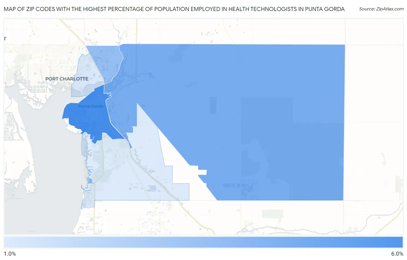Zip Codes with the Highest Percentage of Population Employed in Health Technologists in Punta Gorda Map