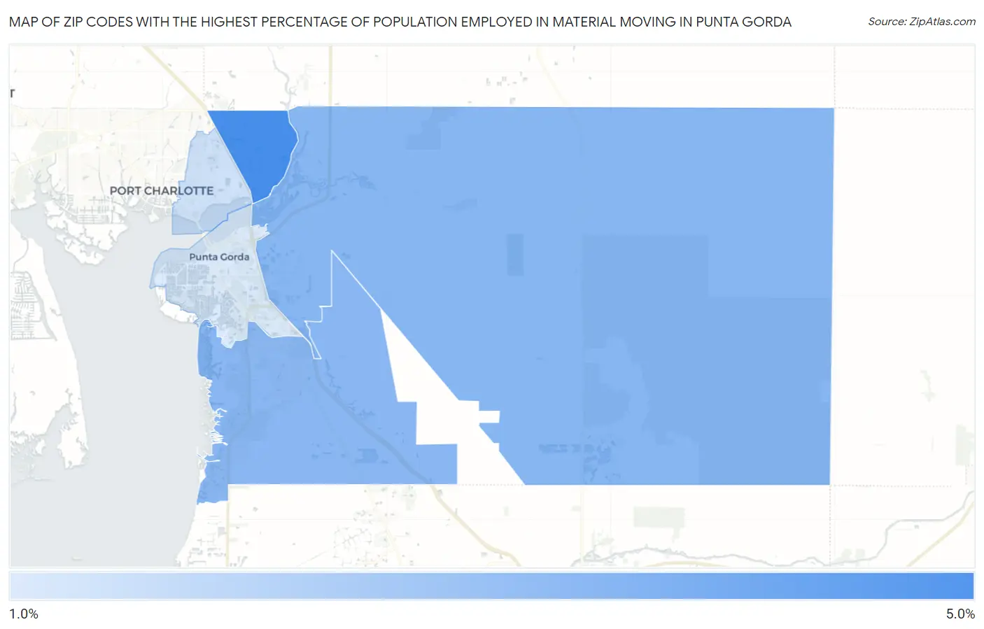 Zip Codes with the Highest Percentage of Population Employed in Material Moving in Punta Gorda Map