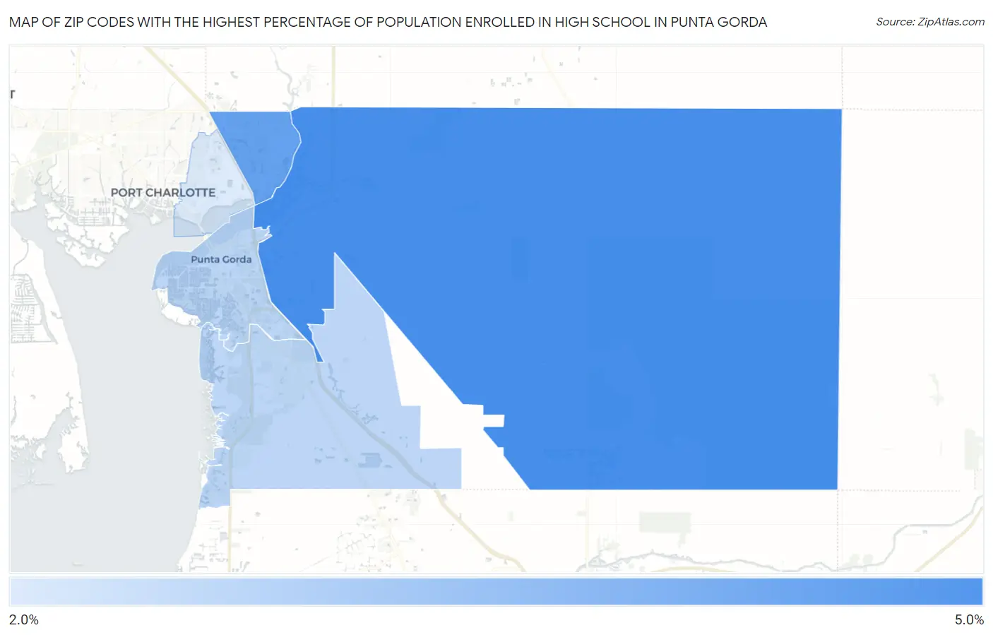 Zip Codes with the Highest Percentage of Population Enrolled in High School in Punta Gorda Map
