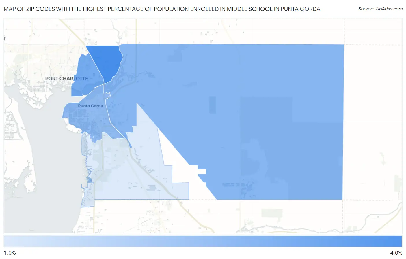 Zip Codes with the Highest Percentage of Population Enrolled in Middle School in Punta Gorda Map