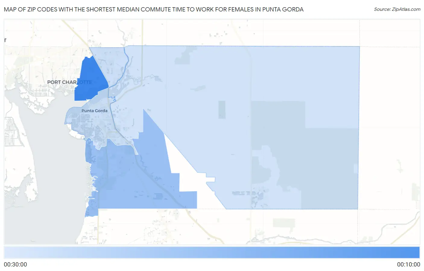 Zip Codes with the Shortest Median Commute Time to Work for Females in Punta Gorda Map