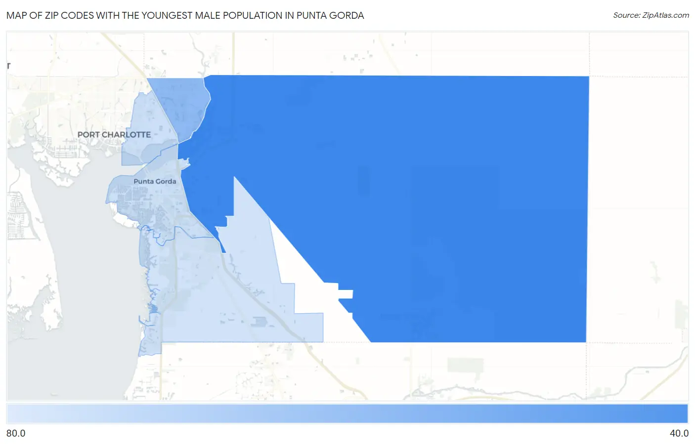 Zip Codes with the Youngest Male Population in Punta Gorda Map