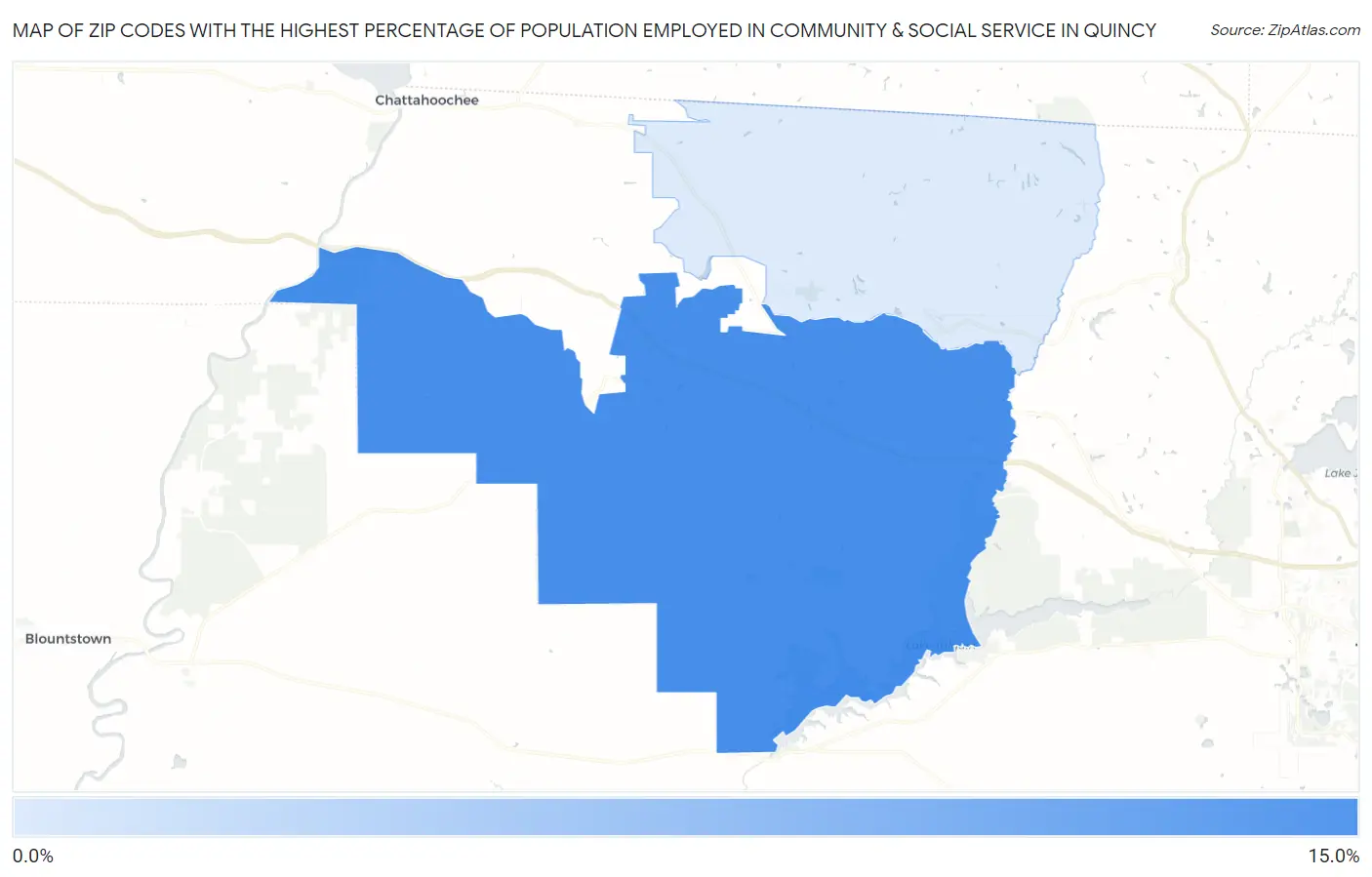 Zip Codes with the Highest Percentage of Population Employed in Community & Social Service  in Quincy Map