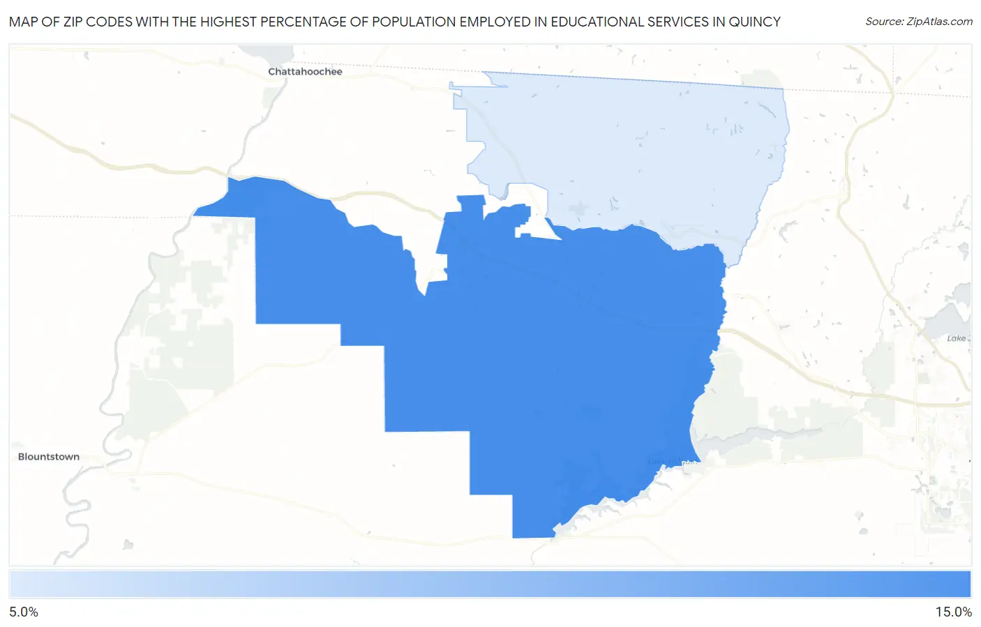 Zip Codes with the Highest Percentage of Population Employed in Educational Services in Quincy Map