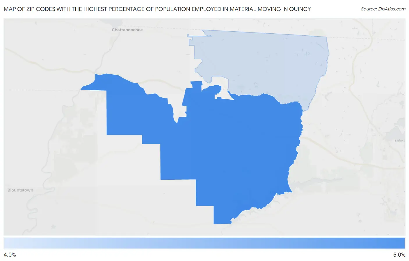 Zip Codes with the Highest Percentage of Population Employed in Material Moving in Quincy Map