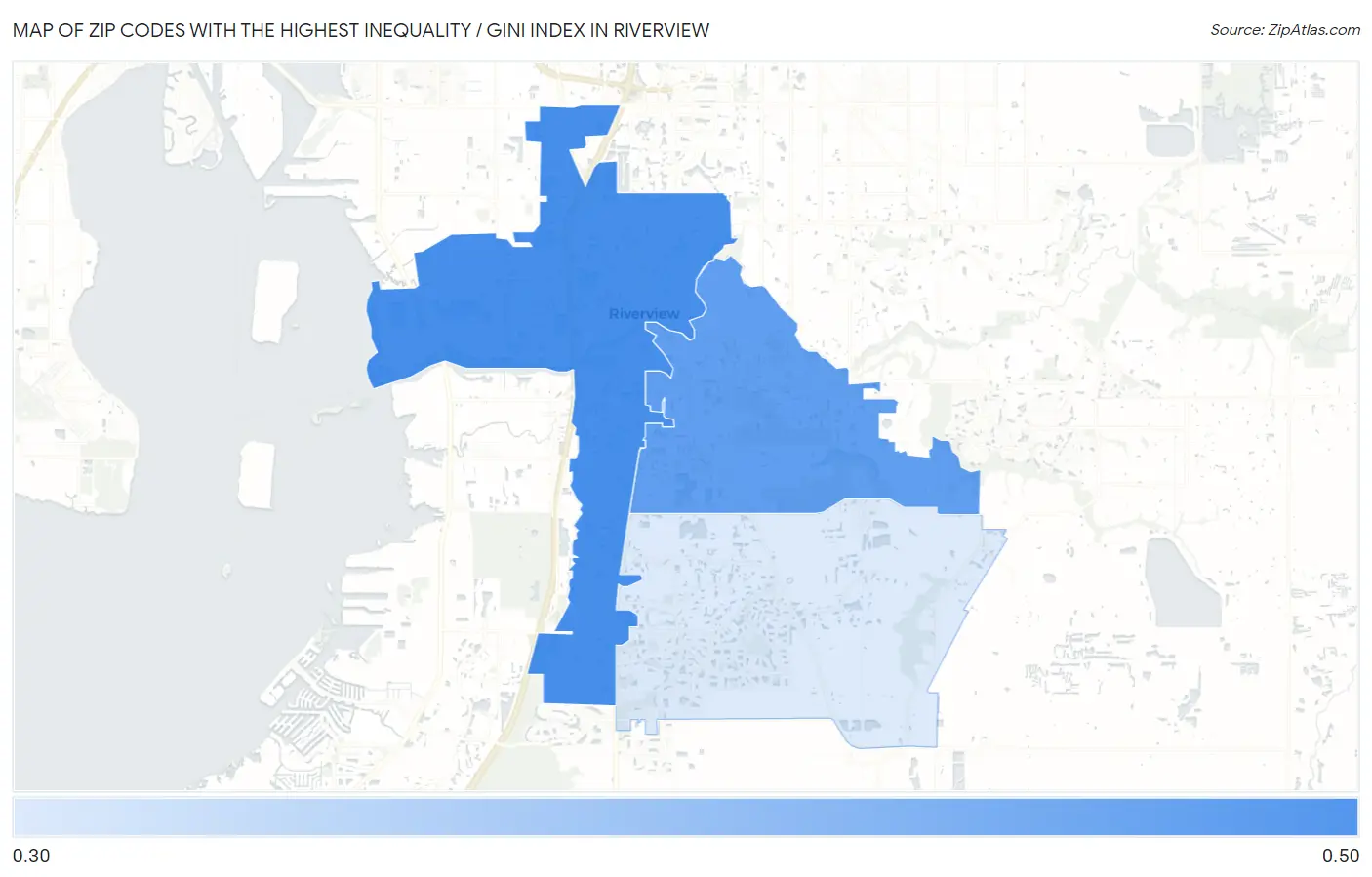 Zip Codes with the Highest Inequality / Gini Index in Riverview Map