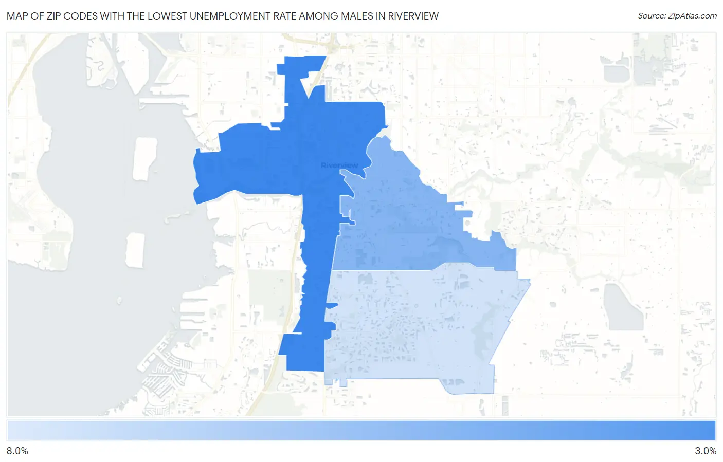 Zip Codes with the Lowest Unemployment Rate Among Males in Riverview Map