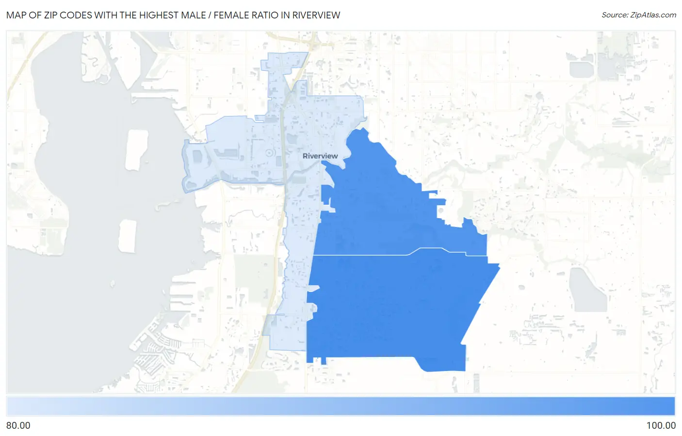 Zip Codes with the Highest Male / Female Ratio in Riverview Map