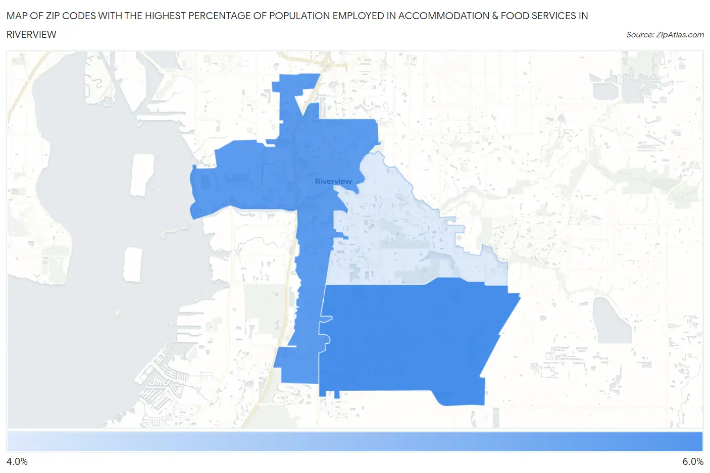 Zip Codes with the Highest Percentage of Population Employed in Accommodation & Food Services in Riverview Map