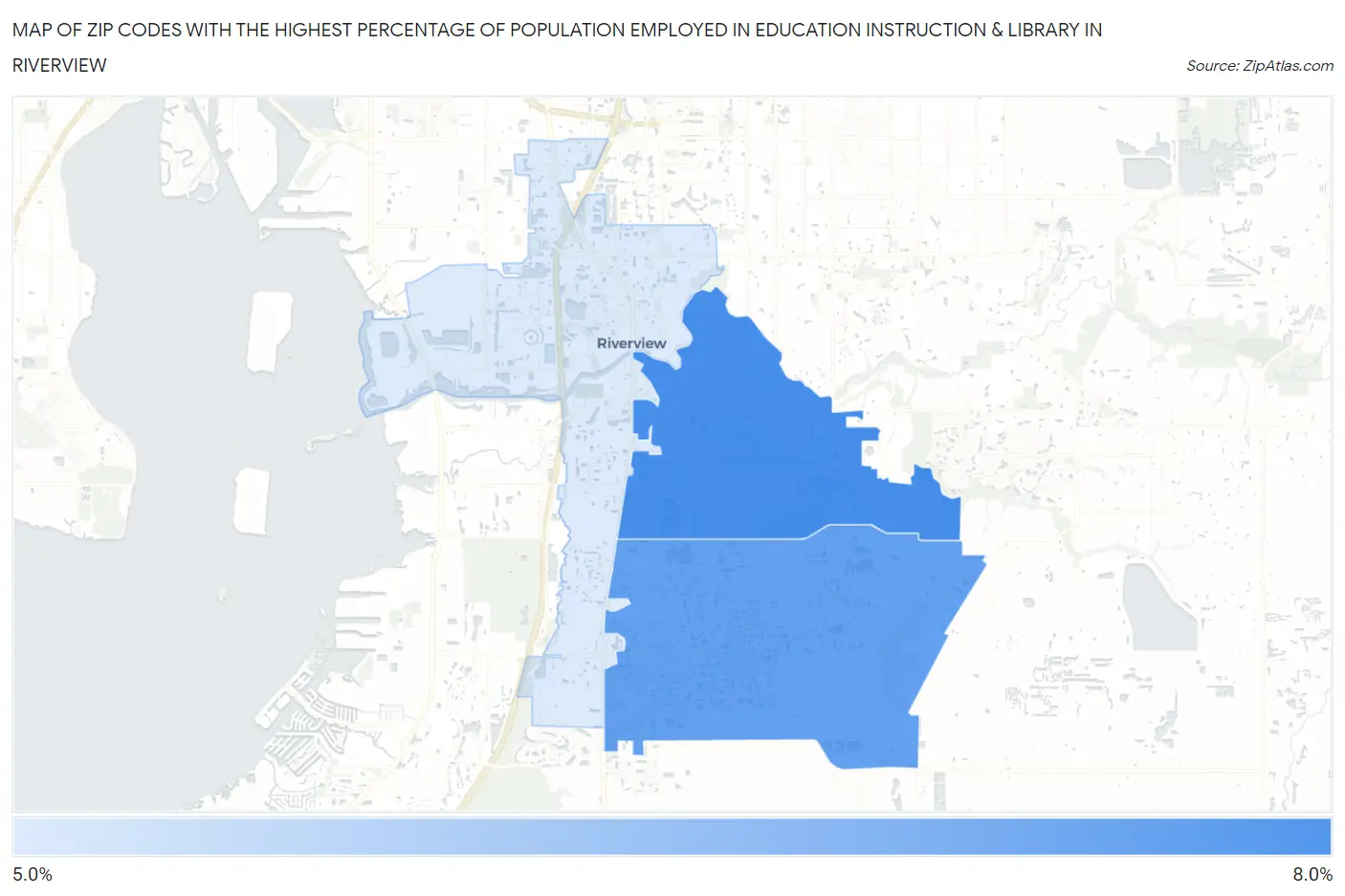 Zip Codes with the Highest Percentage of Population Employed in Education Instruction & Library in Riverview Map