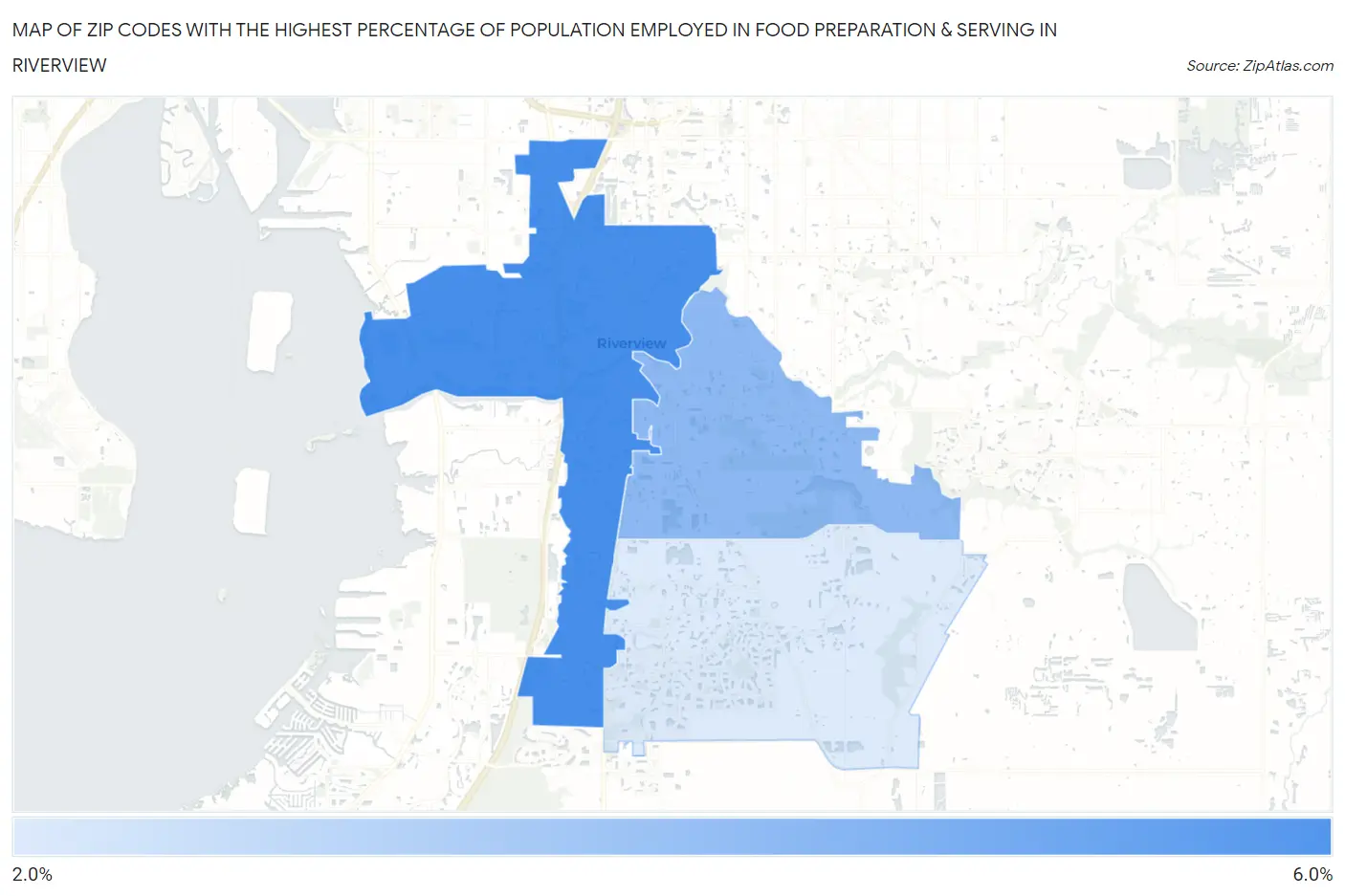 Zip Codes with the Highest Percentage of Population Employed in Food Preparation & Serving in Riverview Map