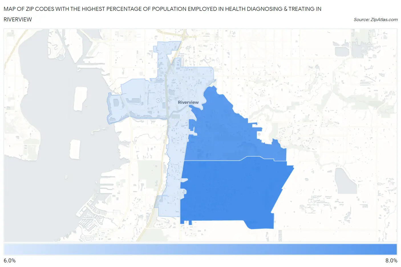 Zip Codes with the Highest Percentage of Population Employed in Health Diagnosing & Treating in Riverview Map