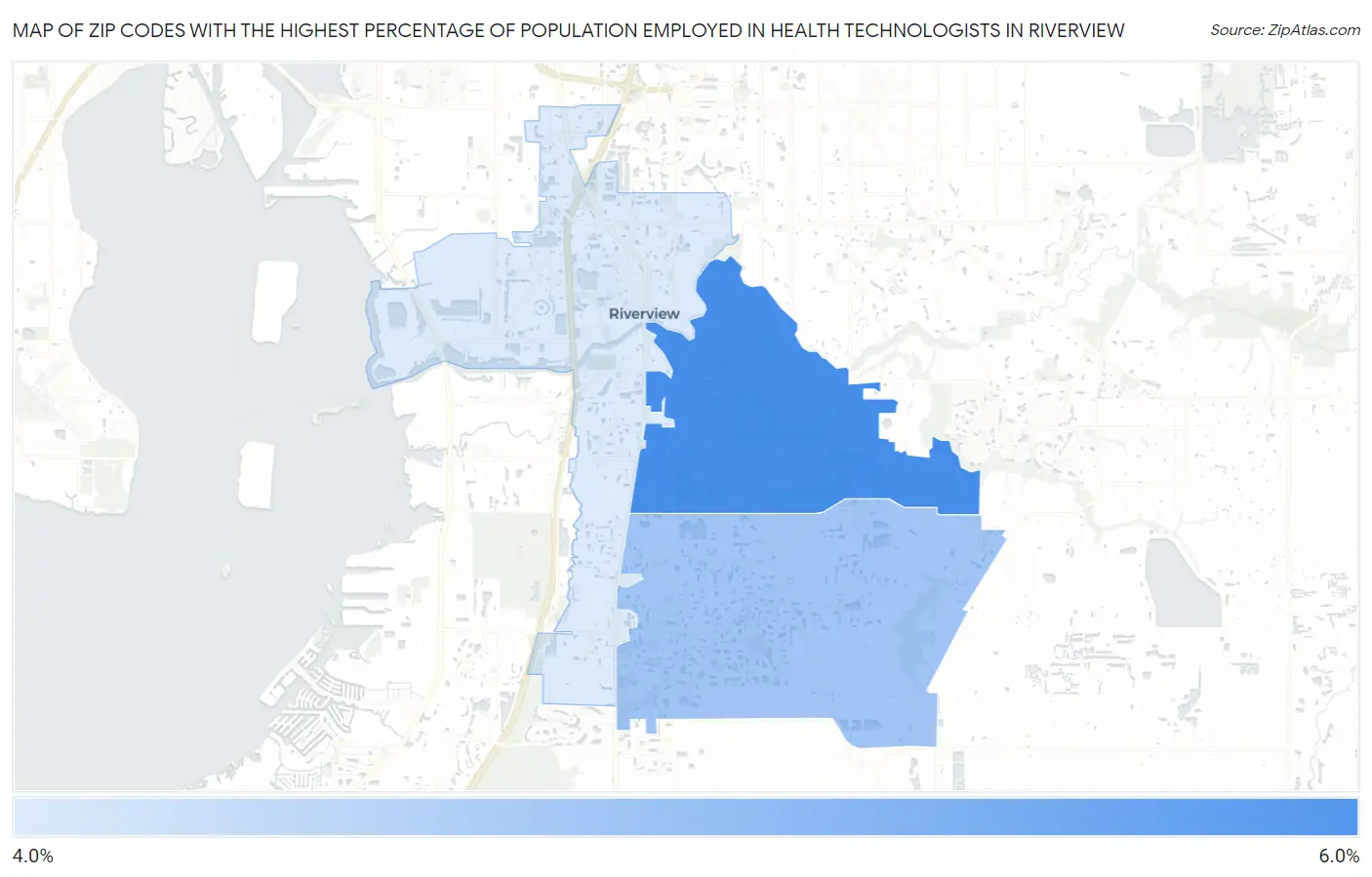 Zip Codes with the Highest Percentage of Population Employed in Health Technologists in Riverview Map