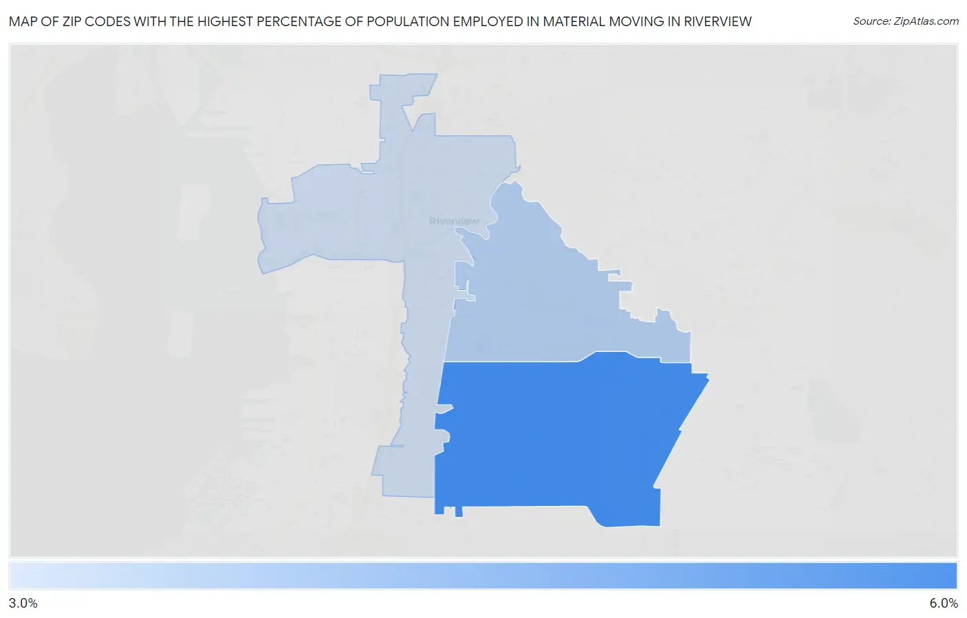 Zip Codes with the Highest Percentage of Population Employed in Material Moving in Riverview Map
