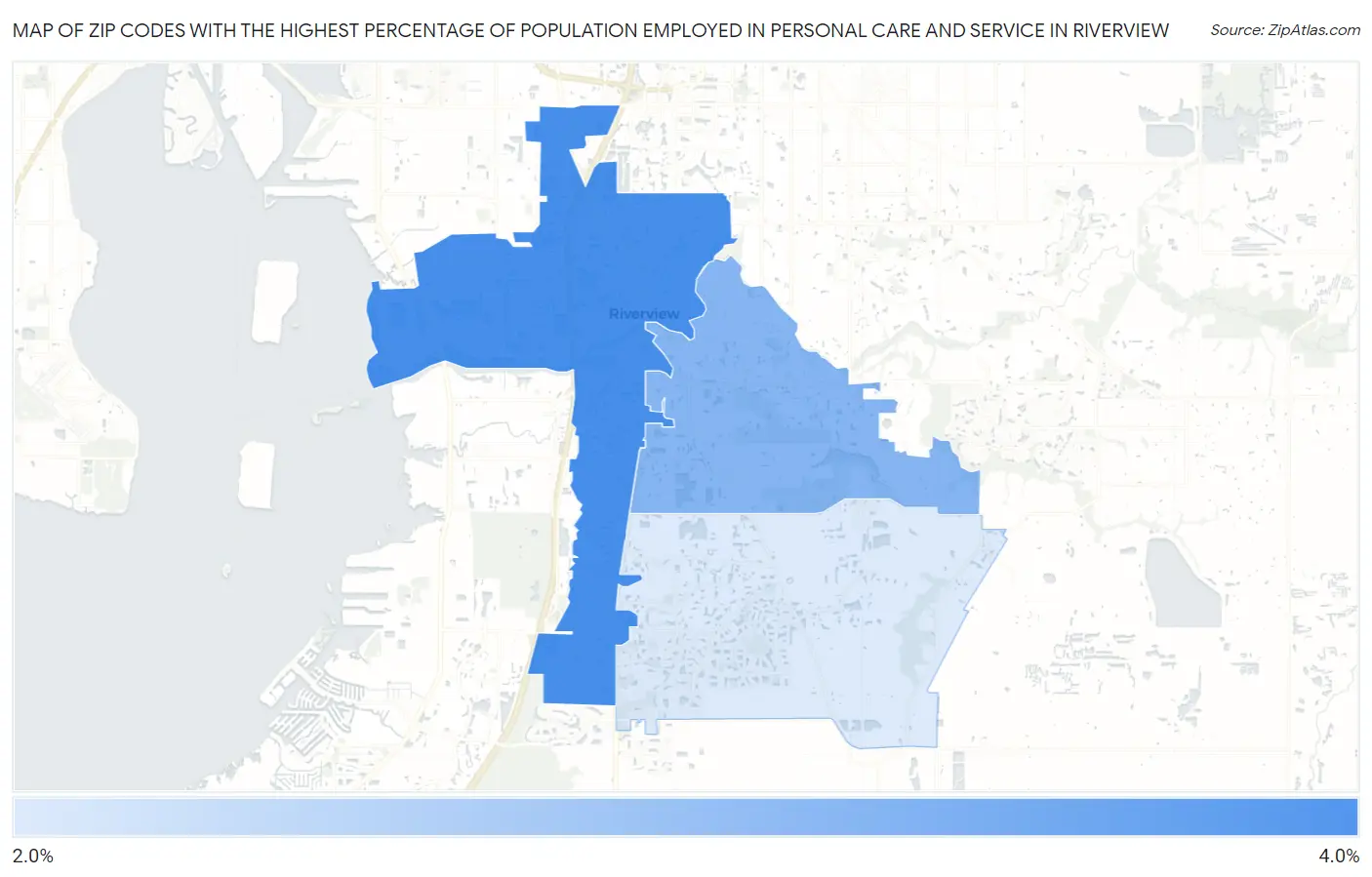 Zip Codes with the Highest Percentage of Population Employed in Personal Care and Service in Riverview Map