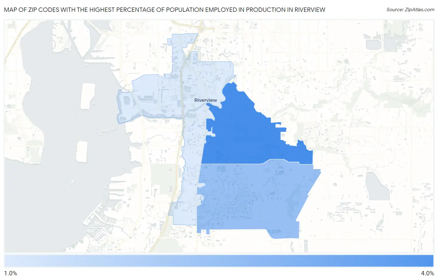 Zip Codes with the Highest Percentage of Population Employed in Production in Riverview Map