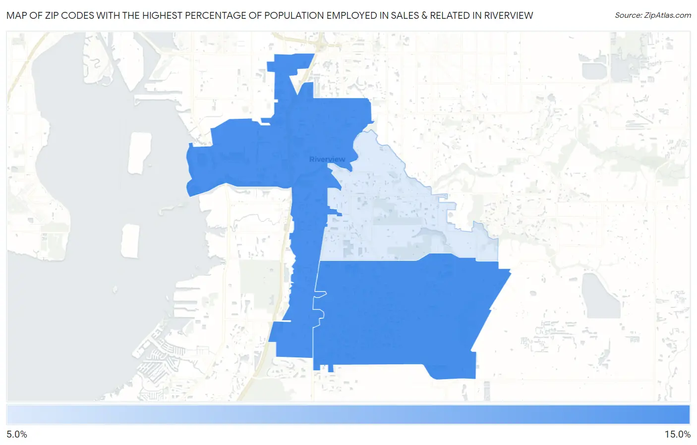 Zip Codes with the Highest Percentage of Population Employed in Sales & Related in Riverview Map