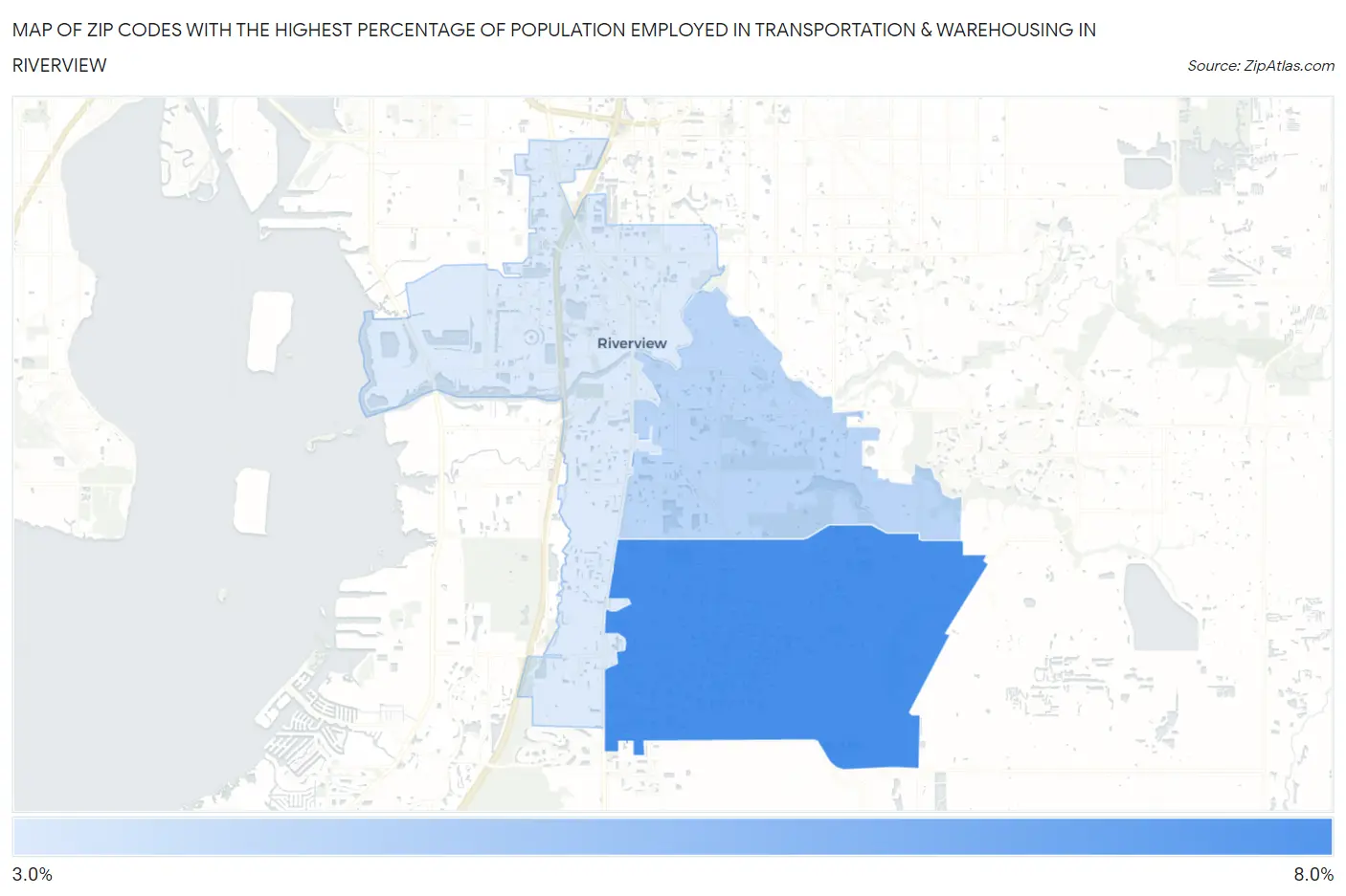 Zip Codes with the Highest Percentage of Population Employed in Transportation & Warehousing in Riverview Map