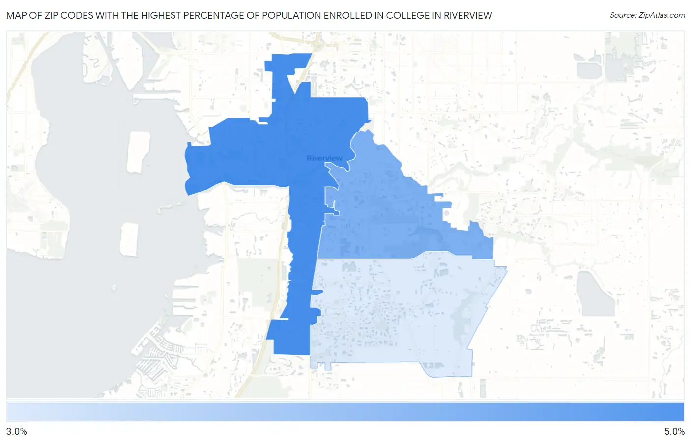 Zip Codes with the Highest Percentage of Population Enrolled in College in Riverview Map